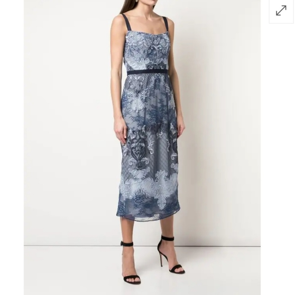 NWT Marchesa Notte 3D Embroidered Grosgrain Midi Cocktail Dress Blue Sz 8 - Picture 2 of 16